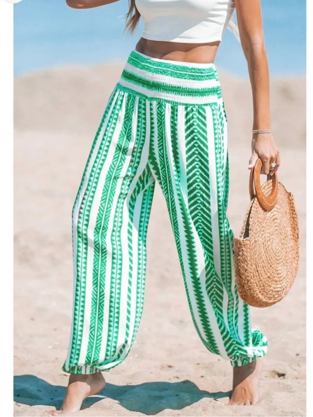 Cupshe Green and White Striped Smocked Waist Joggers